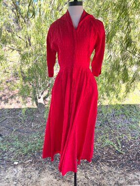 60's Loungees Red Dress - Swing - House Robe - Size Small - Textured Fabric
